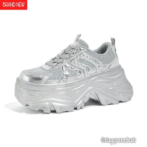 Shoes - Women's Chunky Platform Sneakers Rhinestone Lace-Up Walking Shoes